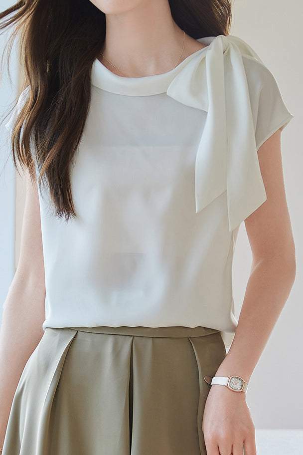 Diagonal Bow Tie Collar Drop Shoulder Satin Blouse - 2 Colors Available