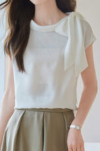 Diagonal Bow Tie Collar Drop Shoulder Satin Blouse - 2 Colors Available