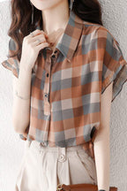Polo Collar Check Pattern Frill Contrast Blouse