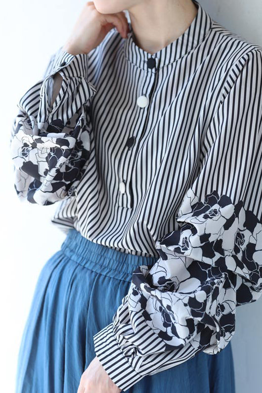 Band Collar Flower Pattern Contrast Stripe Blouse