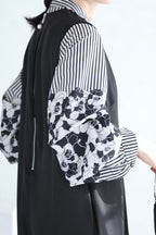 Band Collar Flower Pattern Contrast Stripe Blouse