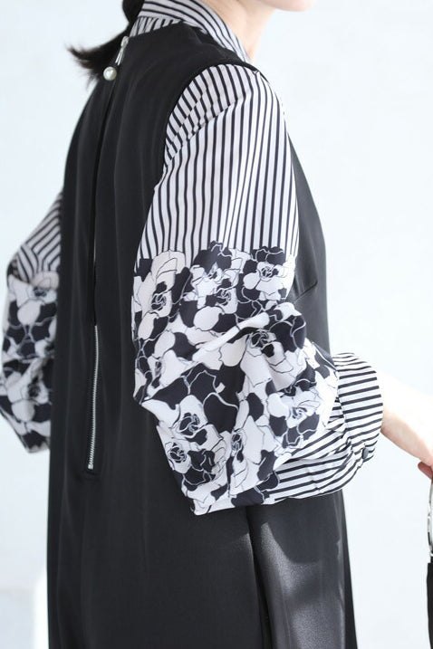 Band Collar Flower Pattern Contrast Stripe Blouse
