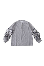 Band Collar Flower Pattern Contrast Stripe Blouse