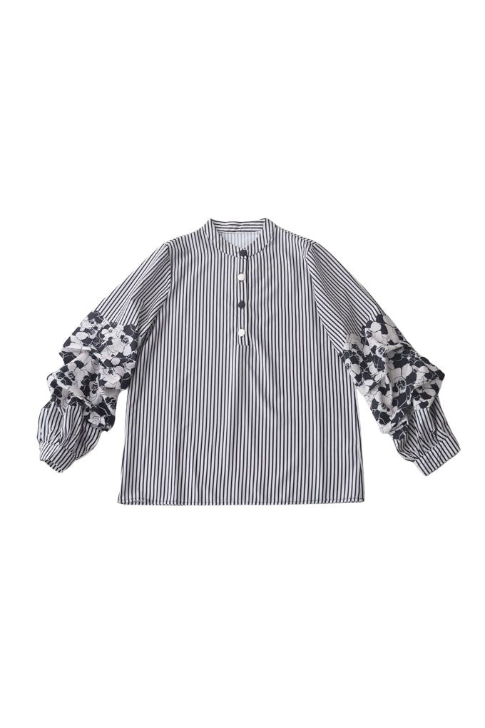 Band Collar Flower Pattern Contrast Stripe Blouse