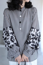 Band Collar Flower Pattern Contrast Stripe Blouse