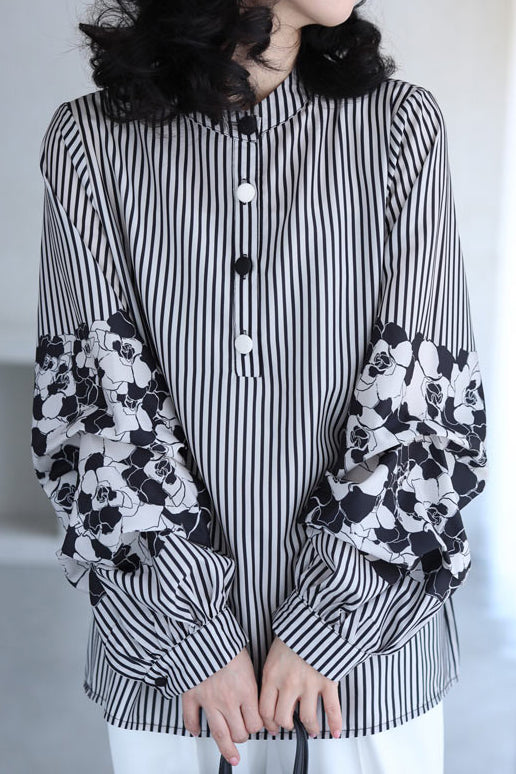 Band Collar Flower Pattern Contrast Stripe Blouse
