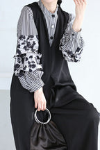 Band Collar Flower Pattern Contrast Stripe Blouse