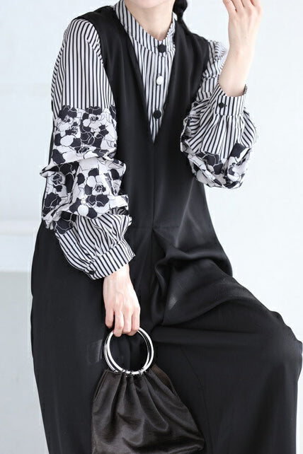 Band Collar Flower Pattern Contrast Stripe Blouse