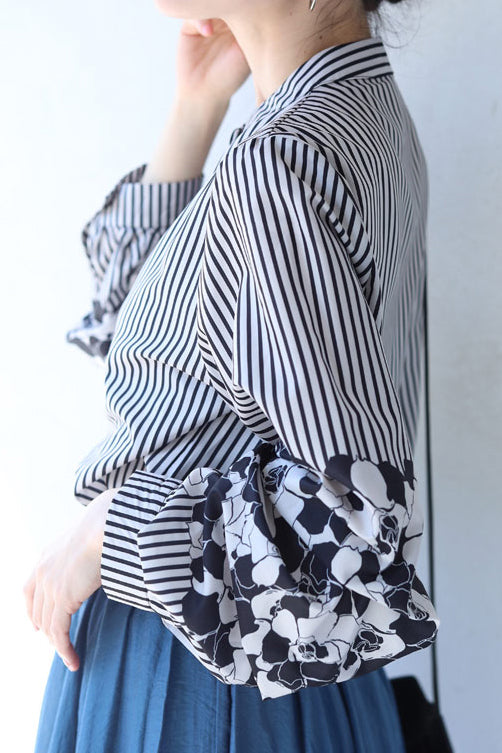 Band Collar Flower Pattern Contrast Stripe Blouse