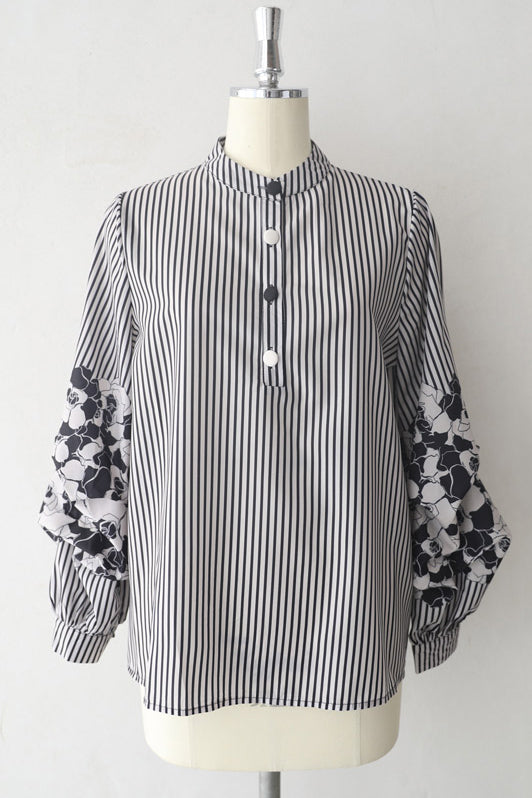 Band Collar Flower Pattern Contrast Stripe Blouse