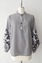 Band Collar Flower Pattern Contrast Stripe Blouse