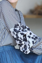 Band Collar Flower Pattern Contrast Stripe Blouse