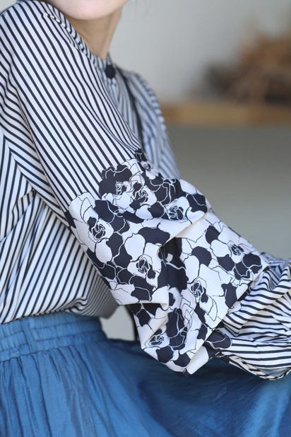 Band Collar Flower Pattern Contrast Stripe Blouse