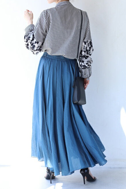 Band Collar Flower Pattern Contrast Stripe Blouse