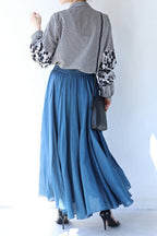 Band Collar Flower Pattern Contrast Stripe Blouse