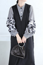 Band Collar Flower Pattern Contrast Stripe Blouse