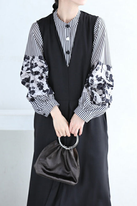 Band Collar Flower Pattern Contrast Stripe Blouse