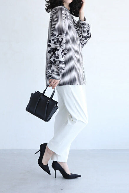Band Collar Flower Pattern Contrast Stripe Blouse