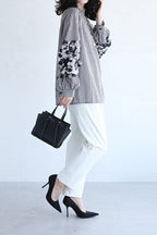 Band Collar Flower Pattern Contrast Stripe Blouse